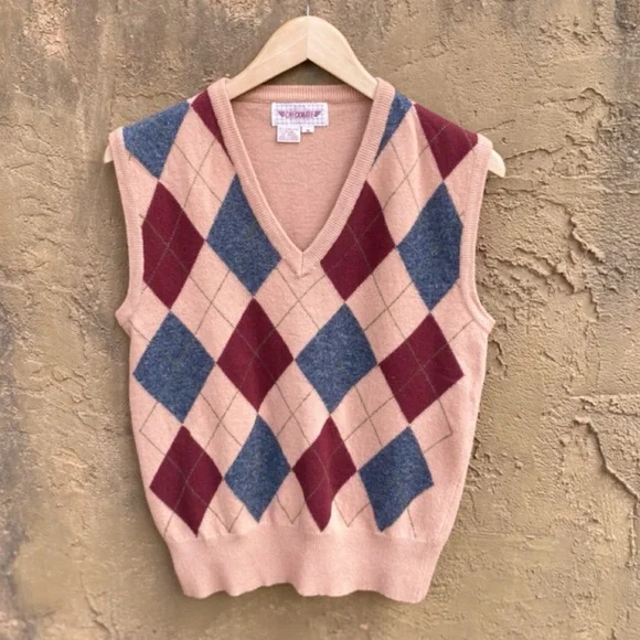 SOLD Vintage Checkmate V Neck Sleeveless Argyle Preppy Sweater Sz M - Picture 1 of 4